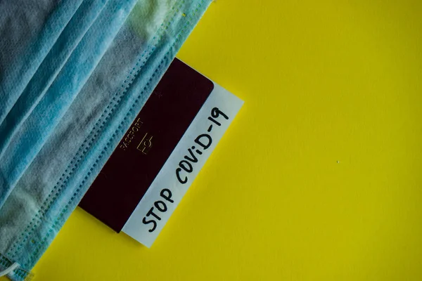 Covid Virus Concept Passport Medicine Staff Onyellow Pastel Background Copy — Stock Photo, Image