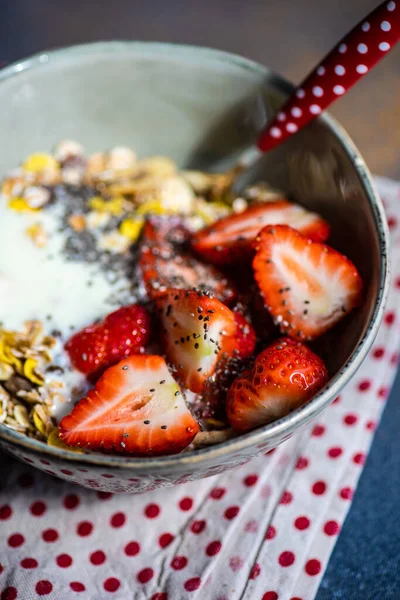 Healthy Breakfast Concept Oatmeal Fresh Strawberries Yogurt Stone Background Copy — Stock Photo, Image