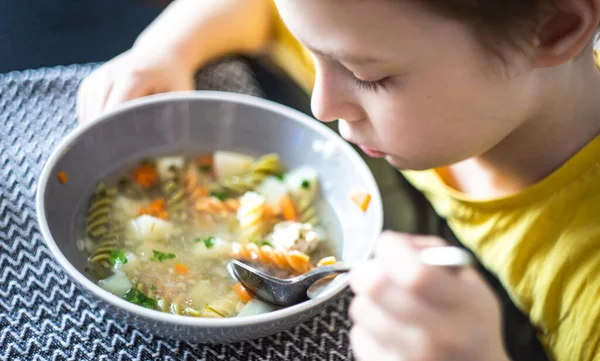 Nice Boy Eating Healthy Soup Spinach Pasta Meat Balls Served — Stock Photo, Image