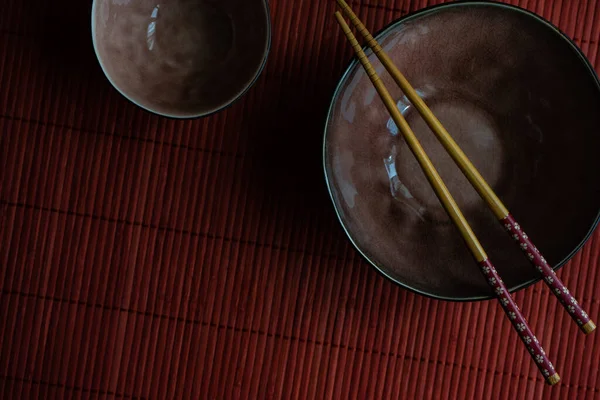 Cadre Table Pour Plat Cuisine Asiatique Sur Fond Rustique Avec — Photo