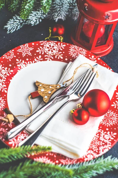 Christmas Table Setting Decor Cutlery Stone Background Copy Space — Stock Photo, Image