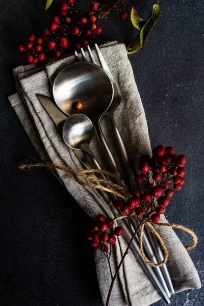 Autumnal Table Setting Dried Wild Red Berries Stone Background Copy — Stock Photo, Image