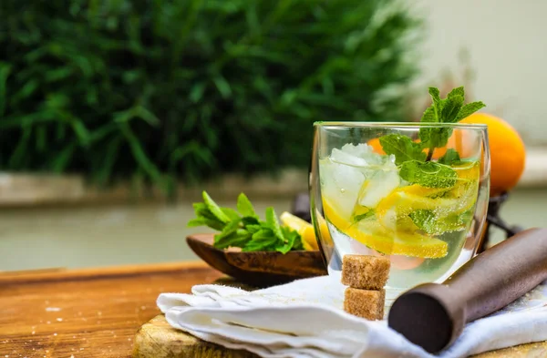 Tasty Gin Tonic Cocktail Slices Lemon Fresh Mint Rustic Background — Stock Photo, Image