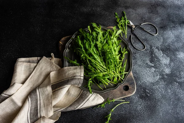 Healthy Food Concept Fresh Organic Arugula Herb Leaves Stone Background — Stock Photo, Image