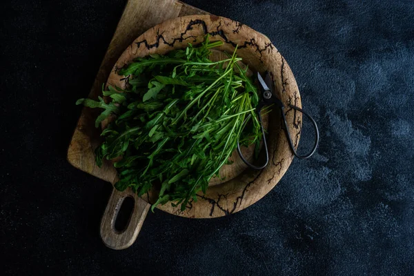 Healthy Food Concept Fresh Organic Arugula Herb Leaves Stone Background — Stock Photo, Image