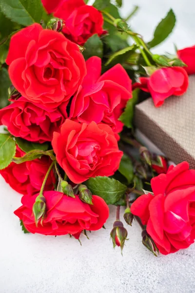 ギフトカードのコンセプトとしてコピースペースとコンクリートの背景に新鮮な赤いバラ — ストック写真