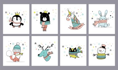 Neşeli Noel tebrik kartları, çıkartmalar, çizimler sevimli. Penguen, ayı, baykuş, geyik ve tek boynuzlu at