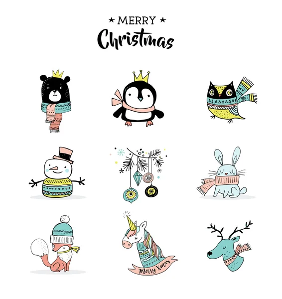 Χαρούμενα Χριστούγεννα χέρι που χαριτωμένα σκίτσα, αυτοκόλλητα, εικόνες. Πιγκουίνος, αρκούδα, κουκουβάγια, ελάφια και μονόκερος — Διανυσματικό Αρχείο