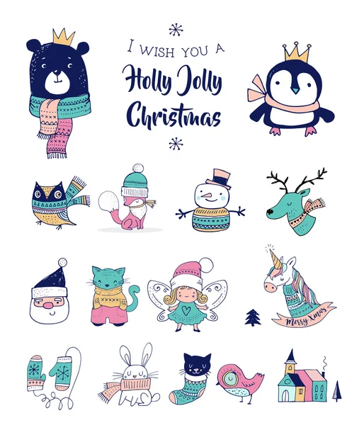 クリスマスの手には、かわいい落書き、ステッカー、イラストが描かれました。ペンギン、クマ、キツネ、ウサギ — ストックベクタ