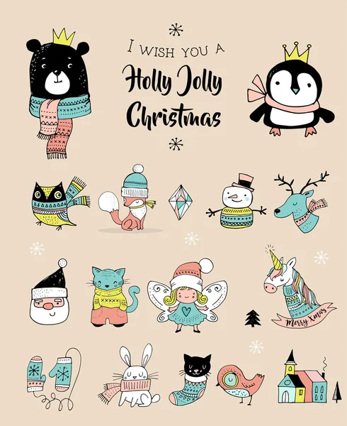 Mão de Natal desenhado doodles bonito, adesivos, ilustrações. Pinguim, urso, coruja e unicórnio — Vetor de Stock