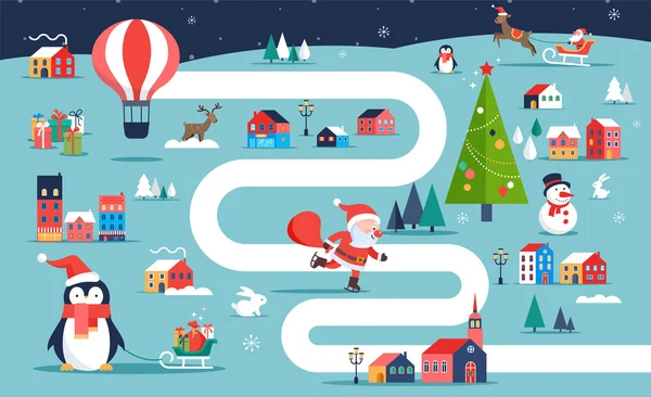 Mapa da aldeia de Natal, cidade de inverno, jogo de tabuleiro com ilustrações, ícones e personagens. Feliz fundo de Natal —  Vetores de Stock