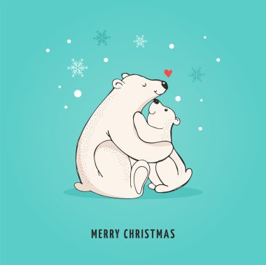 Elle çizilmiş kutup ayısı, sevimli ayı kümesi, anne ve bebek ayı ayılar birkaç. Ayılar ile neşeli Noel selamlar