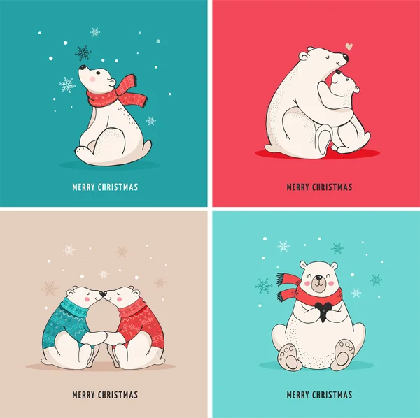 Urso polar desenhado à mão, conjunto de ursos bonitos, mãe e ursos bebés, dois ursos. Feliz Natal saudações com ursos —  Vetores de Stock