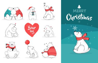 Ayılar ile neşeli Noel selamlar. Elle çizilmiş kutup ayısı, sevimli ayı kümesi, anne ve bebek ayılar, ayılar birkaç