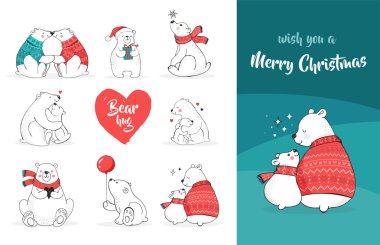 Ayılar ile neşeli Noel selamlar. Elle çizilmiş kutup ayısı, sevimli ayı kümesi, anne ve bebek ayılar, ayılar birkaç