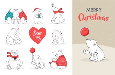 Merry Christmas greetings with bears. Hand drawn polar bear, cute bear set, mother and baby bears, couple of bears
