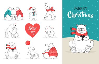 Ayılar ile neşeli Noel selamlar. Elle çizilmiş kutup ayısı, sevimli ayı kümesi, anne ve bebek ayılar, ayılar birkaç