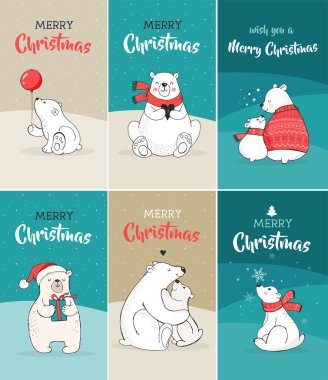 Ayılar ile neşeli Noel selamlar. Elle çizilmiş kutup ayısı, sevimli ayı kümesi, anne ve bebek ayılar, ayılar birkaç
