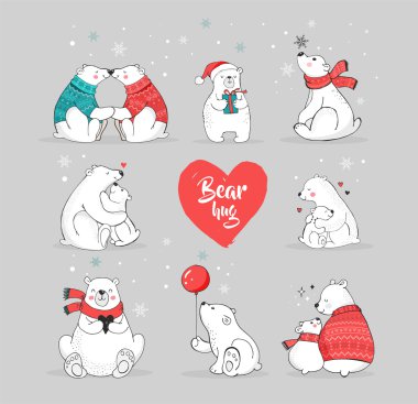 Elle çizilmiş kutup ayısı, sevimli ayı kümesi, anne ve bebek ayı ayılar birkaç. Ayılar ile neşeli Noel selamlar
