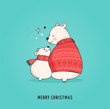 Elle çizilmiş kutup ayısı, sevimli ayı kümesi, anne ve bebek ayı ayılar birkaç. Ayılar ile neşeli Noel selamlar