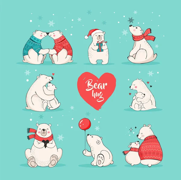 Orso polare disegnato a mano, grazioso set di orsi, madre e orsacchiotti, coppia di orsi. Buon Natale con gli orsi — Vettoriale Stock
