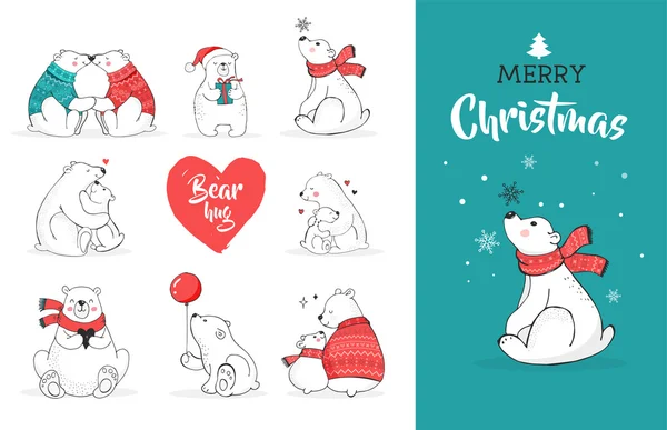 Oso polar dibujado a mano, lindo set de osos, madre y bebé osos, un par de osos. Feliz Navidad saludos con osos — Vector de stock