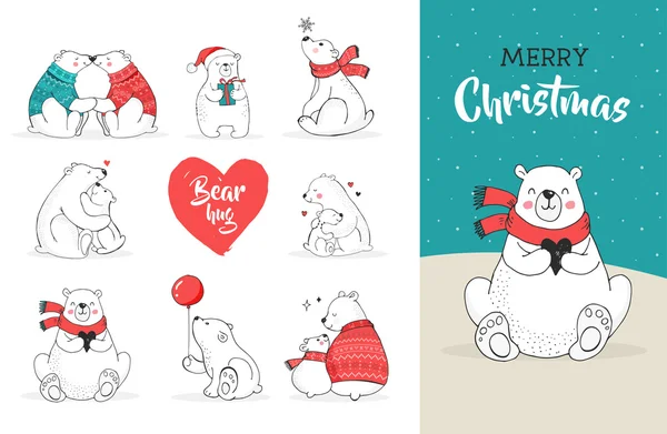 Merry Christmas greetings z niedźwiedziami. Ręcznie rysowane niedźwiedź polarny, niedźwiedź ładny zestaw, matki i dziecka nosi, para misiów — Wektor stockowy