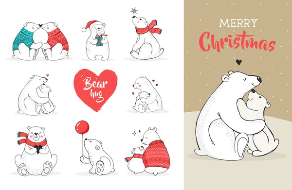 Feliz Navidad saludos con osos. Oso polar dibujado a mano, lindo conjunto de osos, madre y bebé osos, par de osos — Vector de stock