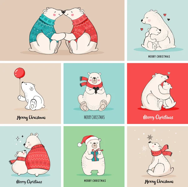 Felizes saudações de Natal com ursos. Urso polar desenhado à mão, conjunto de ursos bonitos, ursos mãe e bebê, dois ursos —  Vetores de Stock