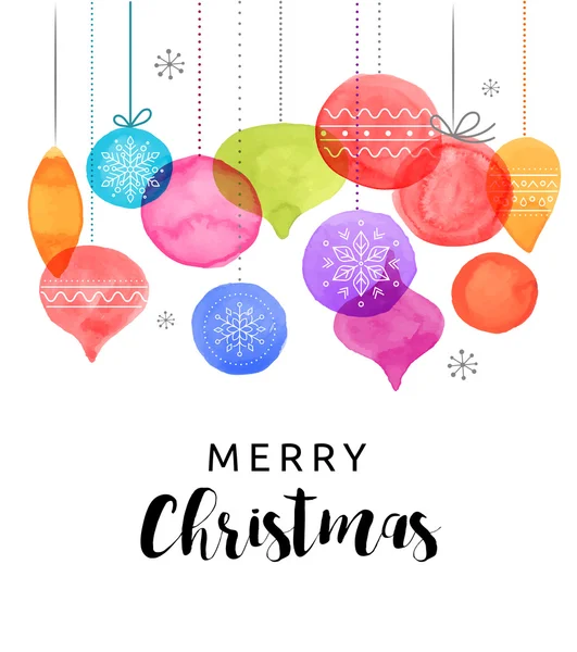 Fondo de Navidad con bolas de Navidad, acuarela colores vibrantes decoración de Navidad, Feliz tarjeta de felicitación de Navidad — Vector de stock