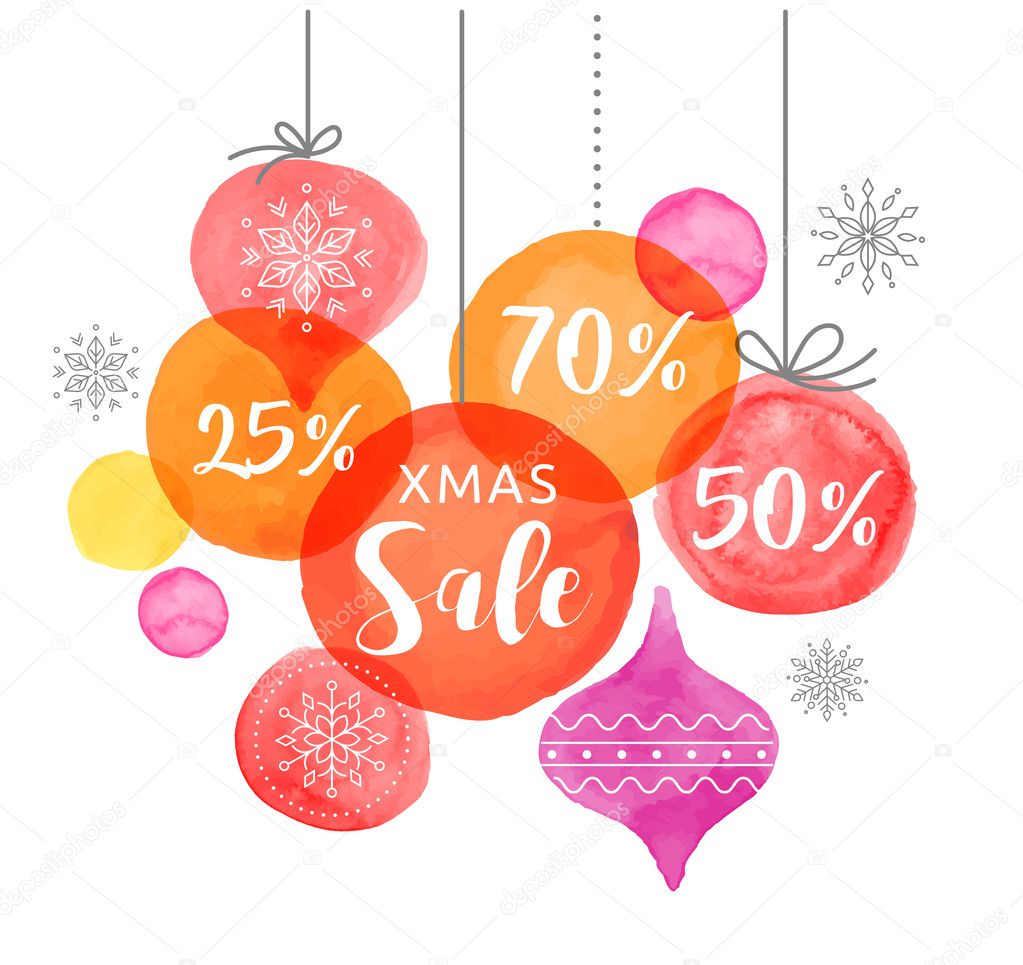 Christmas backgound with Christmas balls, watercolor vibrant colors Christmas decoration, Merry Christmas Sale poster