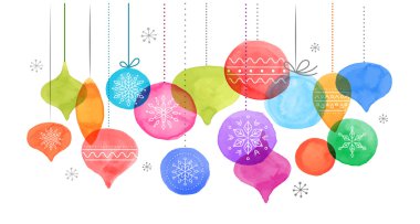 Noel artalan Noel topları, sulu boya canlı renkler Noel dekorasyonu, neşeli Noel tebrik kartı