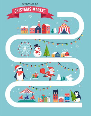 Noel Köyü Haritası, kış kasaba, Noel pazarı, Xmas Fuarı, Noel poster. Neşeli Noel arka plan