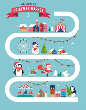 Christmas village map, winter town, Christmas market, Xmas fair, Christmas poster. Merry Christmas background clipart