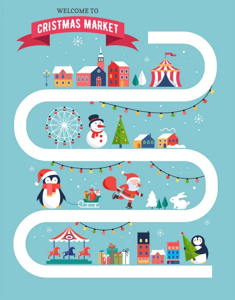 Christmas village map, winter town, Christmas market, Xmas fair, Christmas poster. Merry Christmas background — Stock Vector