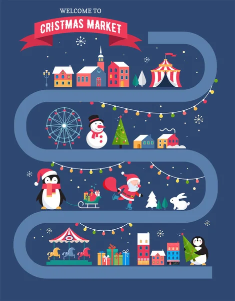 クリスマス村マップ、冬の町、クリスマス マーケット、クリスマス フェア、クリスマス ポスター。メリー クリスマスの背景 — ストックベクタ