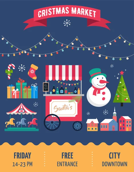 Karácsonyi falu, város téli, karácsonyi vásár, karácsonyi vásár, karácsonyi poszter. Vidám karácsony háttere — Stock Vector