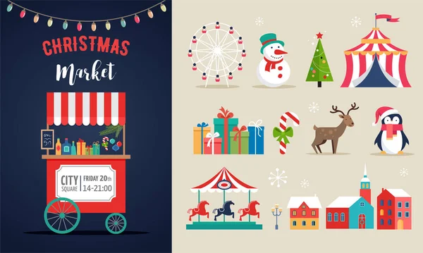 Pueblo de Navidad, ciudad de invierno, mercado de Navidad, feria de Navidad, cartel de Navidad. Feliz Navidad fondo y conjunto de iconos — Vector de stock