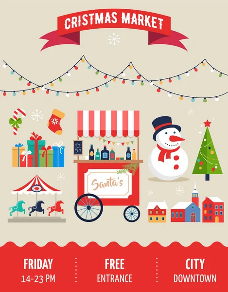 Village de Noël, ville d'hiver, marché de Noël, foire de Noël, affiche de Noël. Joyeux fond de Noël — Image vectorielle