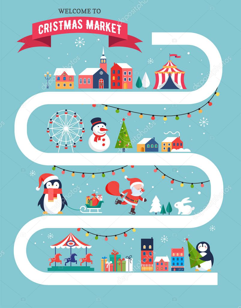 Christmas village map, winter town, Christmas market, Xmas fair, Christmas poster. Merry Christmas background