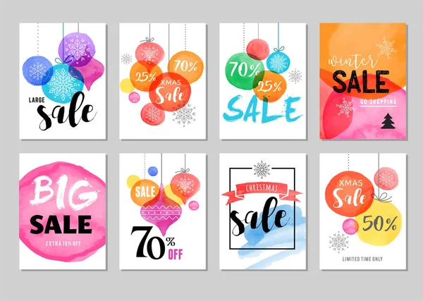 Ícones de venda, tags, rótulos e tema móvel. Venda de Natal colorido fundo vetor aquarela, design de cartaz —  Vetores de Stock