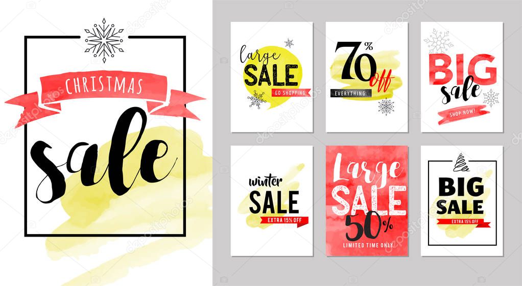 Sale icons, tags, labels and mobile theme. Christmas sale colorful watercolor vector backgrounds, poster design