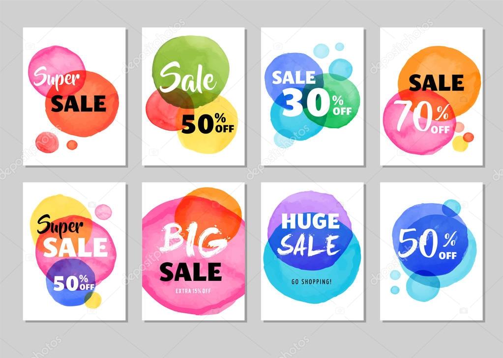 Sale icons, tags, labels and mobile theme. Christmas sale colorful watercolor vector backgrounds, poster design