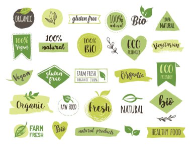 Biyoloji, ekoloji, organik logolar ve ikonlar, etiket, Etiketler. Elle çizilmiş biyo sağlıklı gıda rozetleri, çiğ, vegan, sağlıklı gıda işaret, organik ve öğeleri kümesi kümesi
