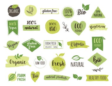 Bio, Ecology, Organic logos and icons, labels, tags. Hand drawn bio healthy food badges, set of raw, vegan, healthy food signs, organic and elements set clipart