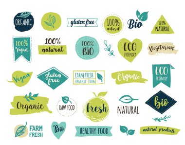 Biyoloji, ekoloji, organik logolar ve ikonlar, etiket, Etiketler. Elle çizilmiş biyo sağlıklı gıda rozetleri, çiğ, vegan, sağlıklı gıda işaret, organik ve öğeleri kümesi kümesi