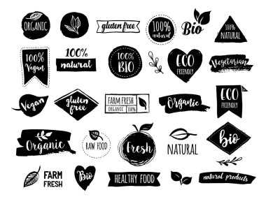 Biyoloji, ekoloji, organik logolar ve ikonlar, etiket, Etiketler. Elle çizilmiş biyo sağlıklı gıda rozetleri, çiğ, vegan, sağlıklı gıda işaret, organik ve öğeleri kümesi kümesi
