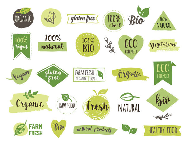Bio, Ecology, Organic logos and icons, labels, tags. Hand drawn bio healthy food badges, set of raw, vegan, healthy food signs, organic and elements set