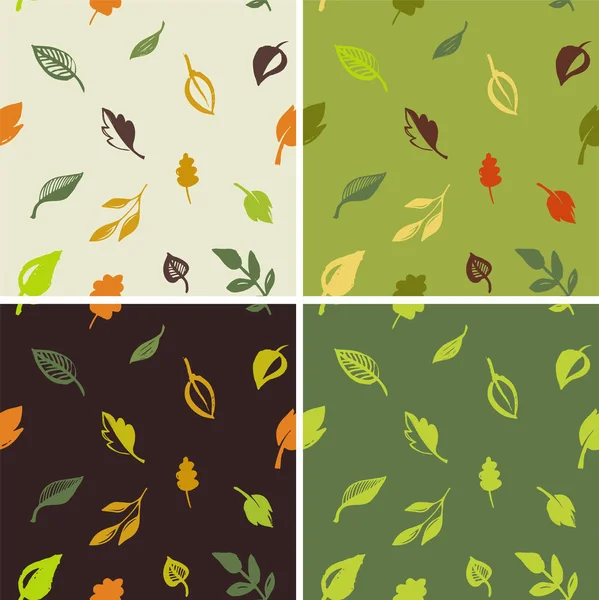 Conjunto de patrón de hojas dibujadas a mano, hoja verde, bocetos y garabatos de hojas y plantas, patrón sin costuras de hojas verdes — Vector de stock