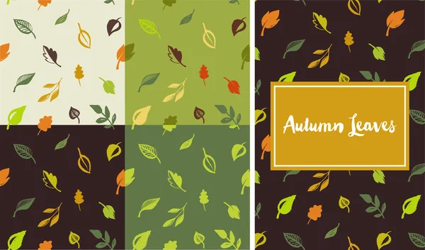 Conjunto de padrão de folhas desenhadas à mão, folha verde, esboços e rabiscos de folhas e plantas, padrão de folhas verdes sem costura — Vetor de Stock